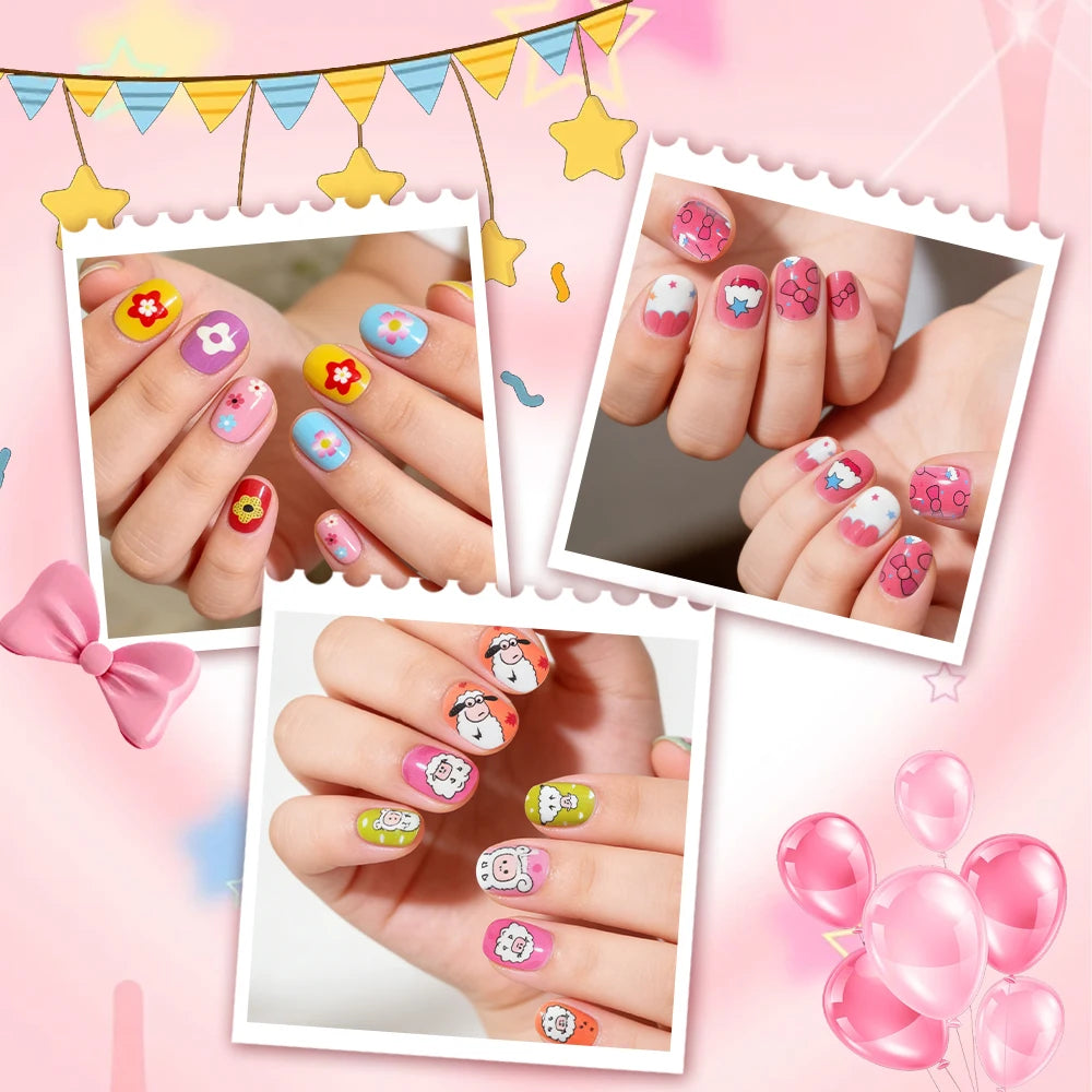 120Pcs Kids Cute Bow Heart Design False Nails Cartoon Animal Short Square Full Cover Fake Nail Tips for Girls Press On Nails