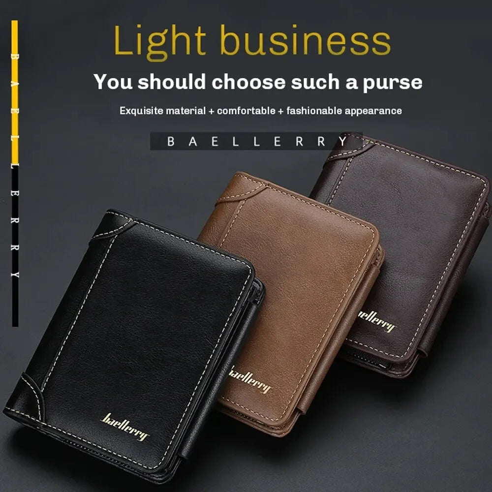 Multi-Card Triple Fold PU Leather Men's Short Wallet Large Capacity Zipper Coin Purse Simple Business Vertical Card Holder