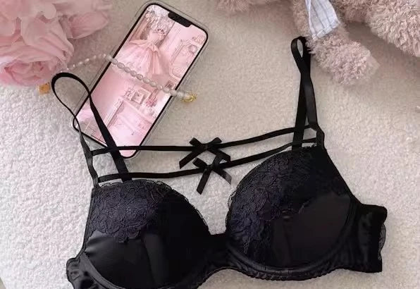 MOYISU Sweet Trap French Bow Bra Set - Wireless Push-Up for Petite Chest, Pure Seduction Lace Bralette with Elegant Ribbon Charm