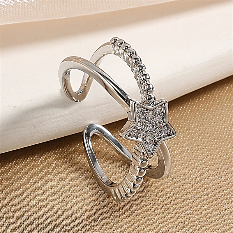ZAKOL Fashion Double Layers Zircon Rings for Women Gold Color Plated Open Stainless Steel Ring Aesthetic Party Wedding Jewelry