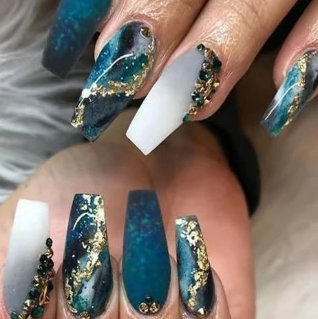 24Pcs Dark Blue Square Head Press on False Nails 3D Ocean Mid-length Fake Nail Wearable Finished Manicure Full Cover Nail Tips