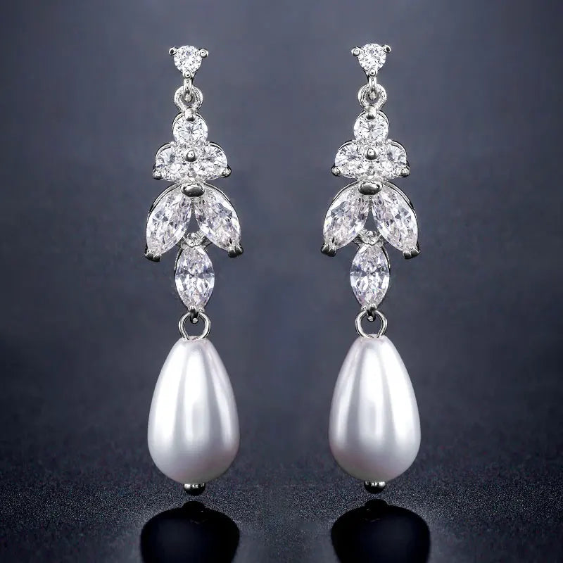 ZAKOL Luxury Teardrop Imitation Pearl Bridal Earring for Women Elegant AAA Cubic Zirconia Earring Wedding Accessories