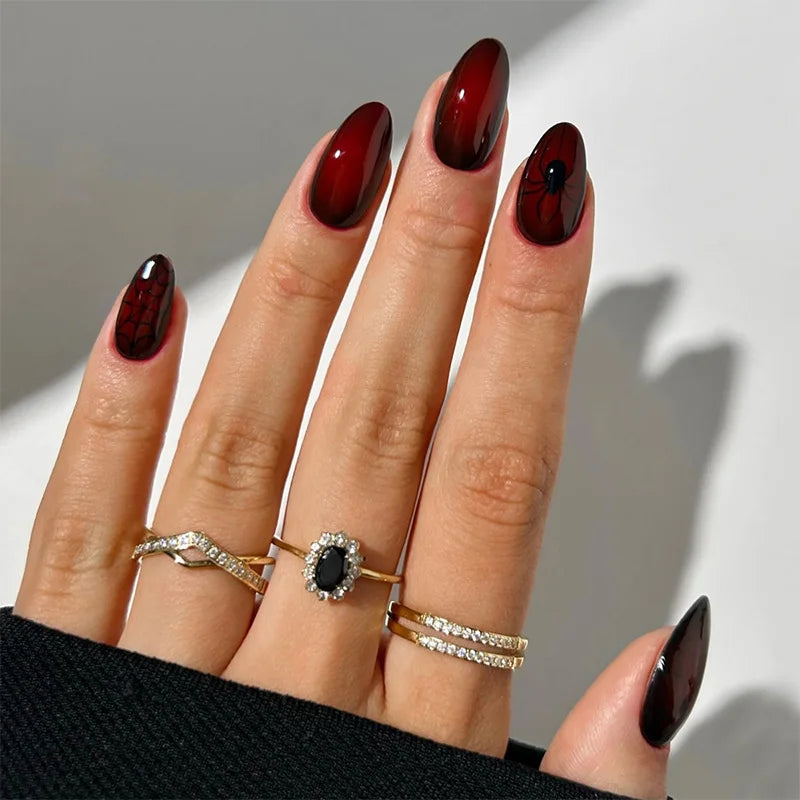 24Pcs Matte Almond Autumn Winter False Nails with Glue Glitter Butterfly Fake Nail Press Ons Black Gradient Artificial Nail Tips