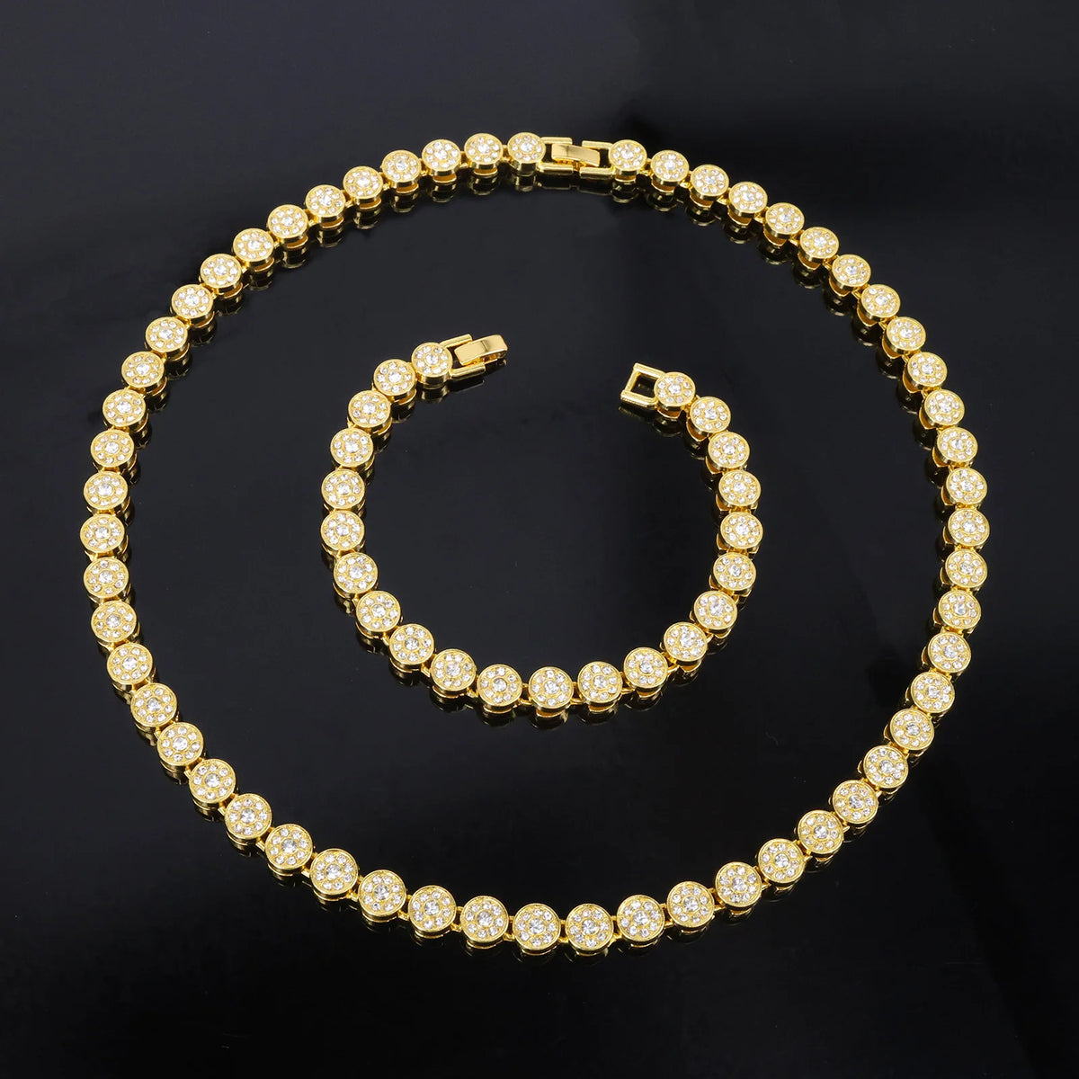 ZAKOL 45CM New Shiny Round Rhinestone Hip Hop Tennis Chain Bracelet Necklace Set for Women Men Jewelry Gift