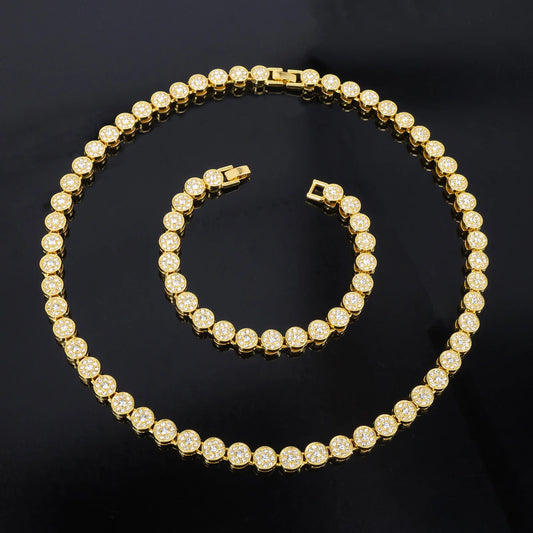ZAKOL 45CM New Shiny Round Rhinestone Hip Hop Tennis Chain Bracelet Necklace Set for Women Men Jewelry Gift