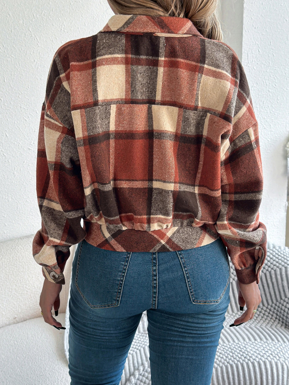 Autumn Winter Casual Plaid Cropped Jacket Lapel Lantern Long Sleeve Single Breasted Woolen Jacket 2026 Fashion Women Clothes