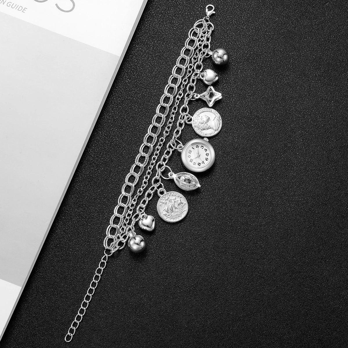 Fashion Women Silver Multi‑Layer Bracelets Watch Coin Bell Crystal Charm Ladies Quartz Wristwatches Relogio Feminino（Without Box