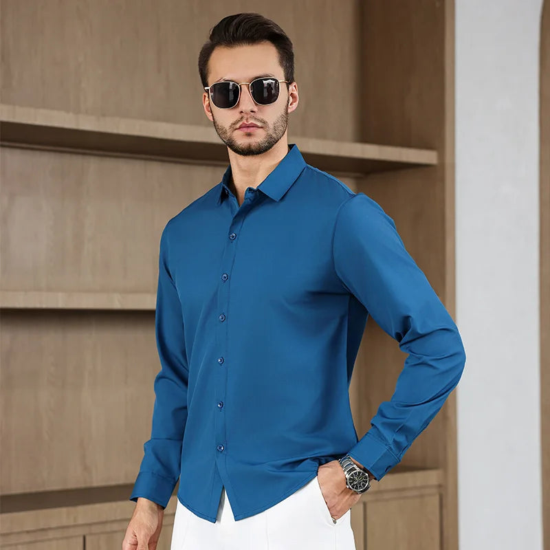 New Men's Business Casual Long Sleeved Solid Color Shirt Wrinkle Resistant Wrinkle Free Comfortable All Season Versatile Top
