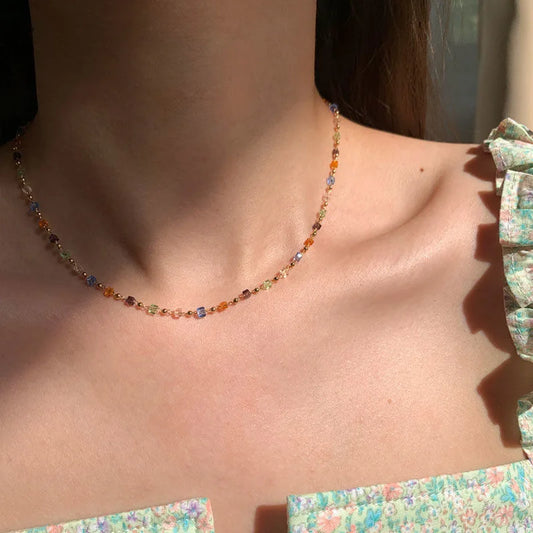 ZAKOL Simple Fashion Colorful Square Acrylic Bead Chain Necklace Vintage Crystal Necklace For Women Party Jewelry
