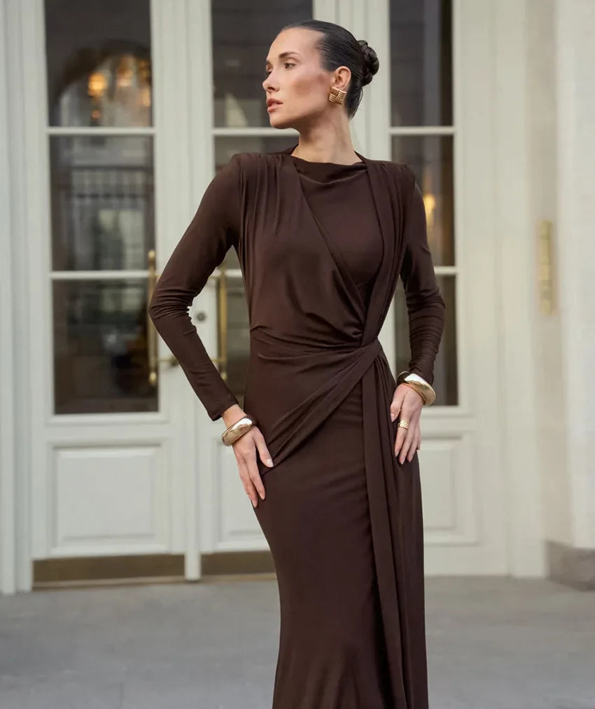 BKLD Fashion Autumn French Long Dresses Women Clothing Elegant High Waist Ruched Slimming Evening Dress Long Sleeve Solid Color