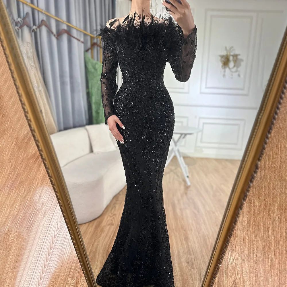 BKLD Woman Clothing Off The Shoulder Feather Mermaid Dress Sexy 2026 Solid Color Elegantes  Long Sleeve Party Dress Vestidos