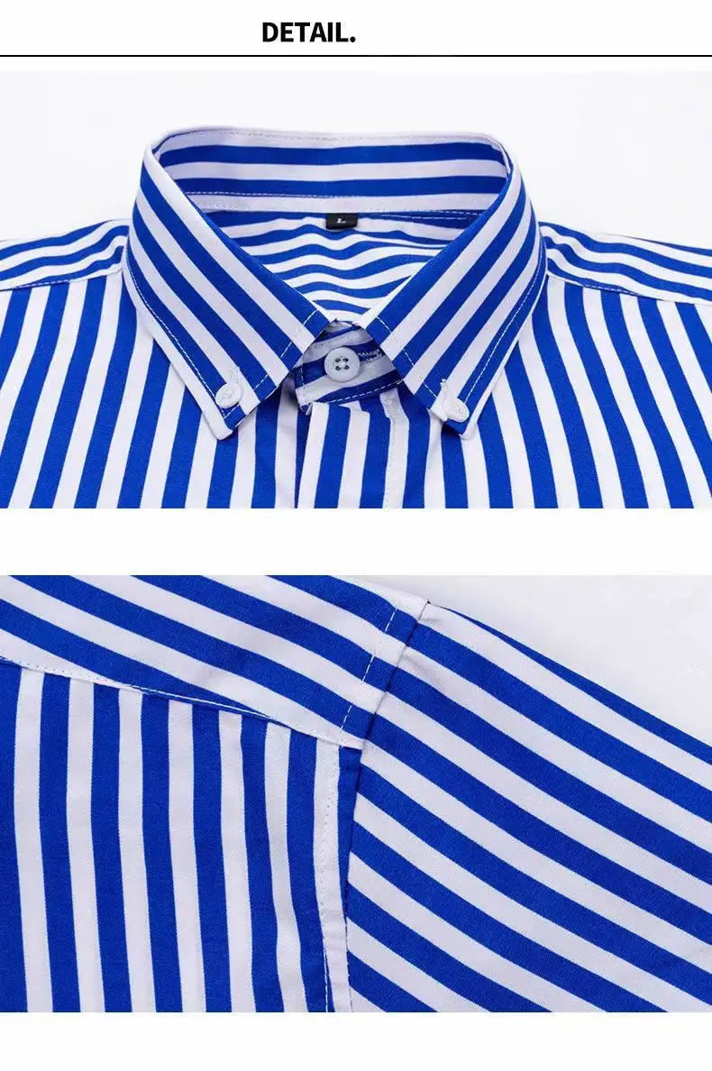 Mens Dress Shirts Striped Long Sleeve Plaid Checked Shirt Smart Casual Business Non-Ironing Korean Slim Fit Formal Blue White