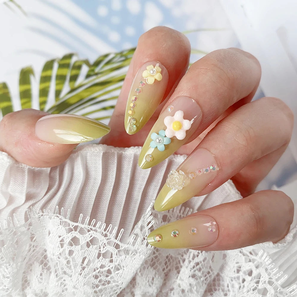 24Pcs Gradient Almond French False Nails Spring Flower Design Full Cover Fake Nails Extension Wearable Press on Nails for Women