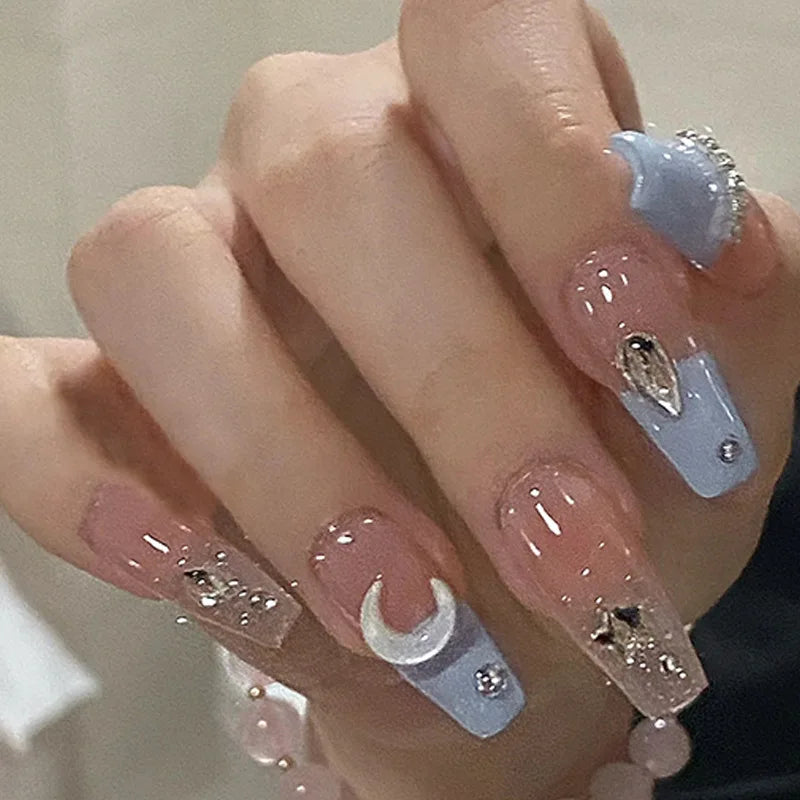 24pcs Medium Long Acrylic Fake Nails 3D Flower Pearl Design Press on Nails Ballerina Full Cover False Nails Tips for Women