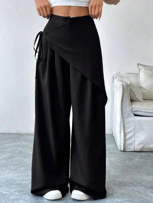 Elegant Irregular Suit Pants for Women High Waist Loose Wide Leg Pants Asymmetrical Lace Up Trousers Elastic Waist Casual Pants