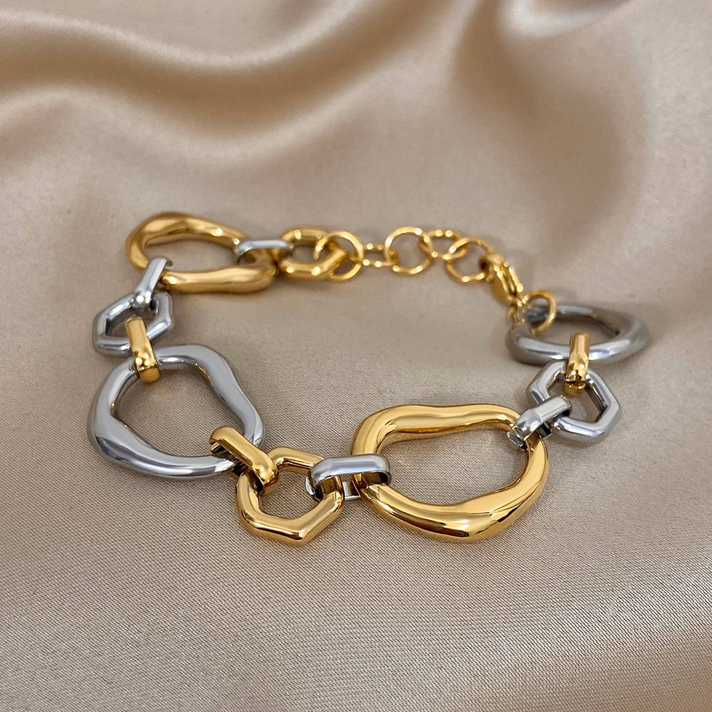 Chunky New Trend Gold Silver Color Hollow Geometry Shaped Stainless Steel Unique Bracelet Statement Waterproof Fashion Jewelry
