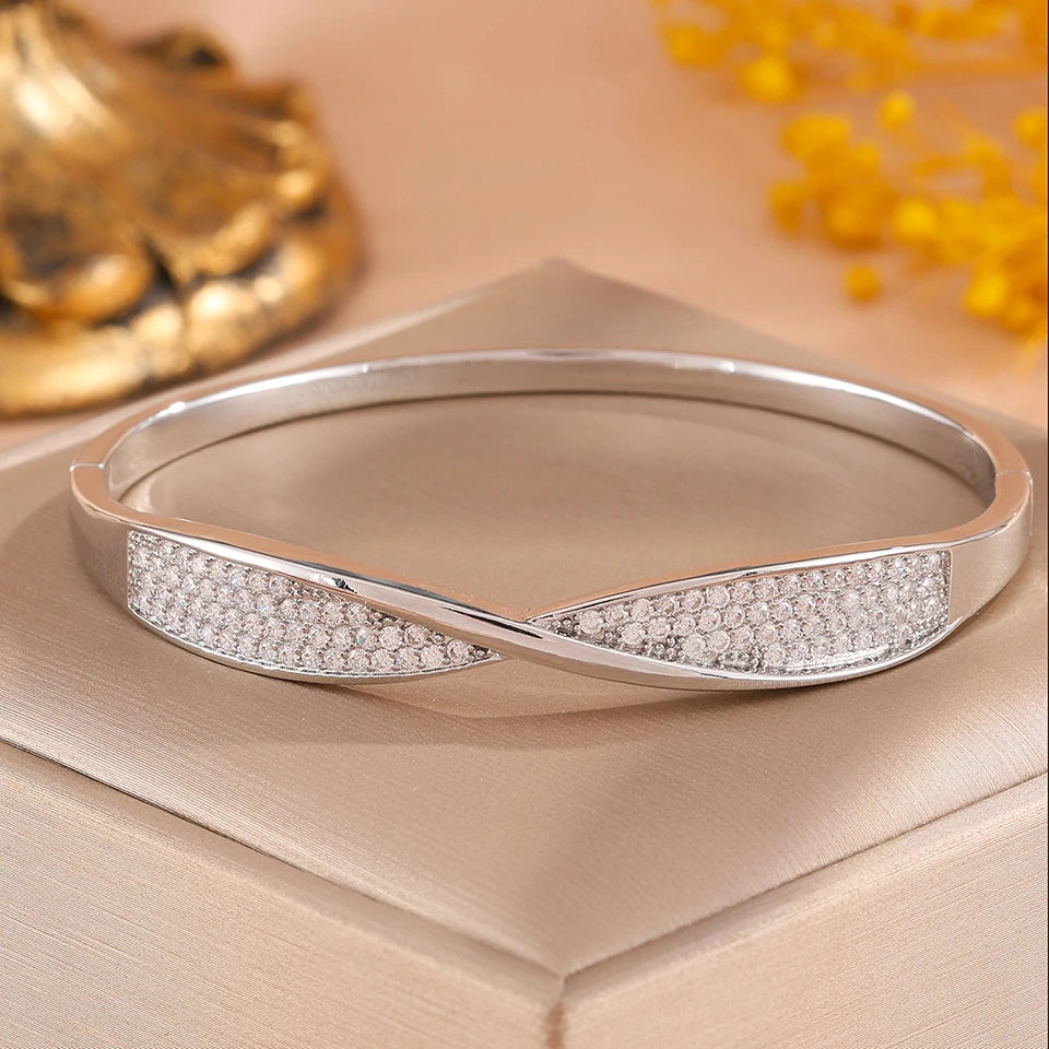 ZAKOL Exquisite Micro Inlaid Zircon Twisted Cuff Bangle Bracelets for Women Copper Wristband Bracelet Wedding Party Jewelry