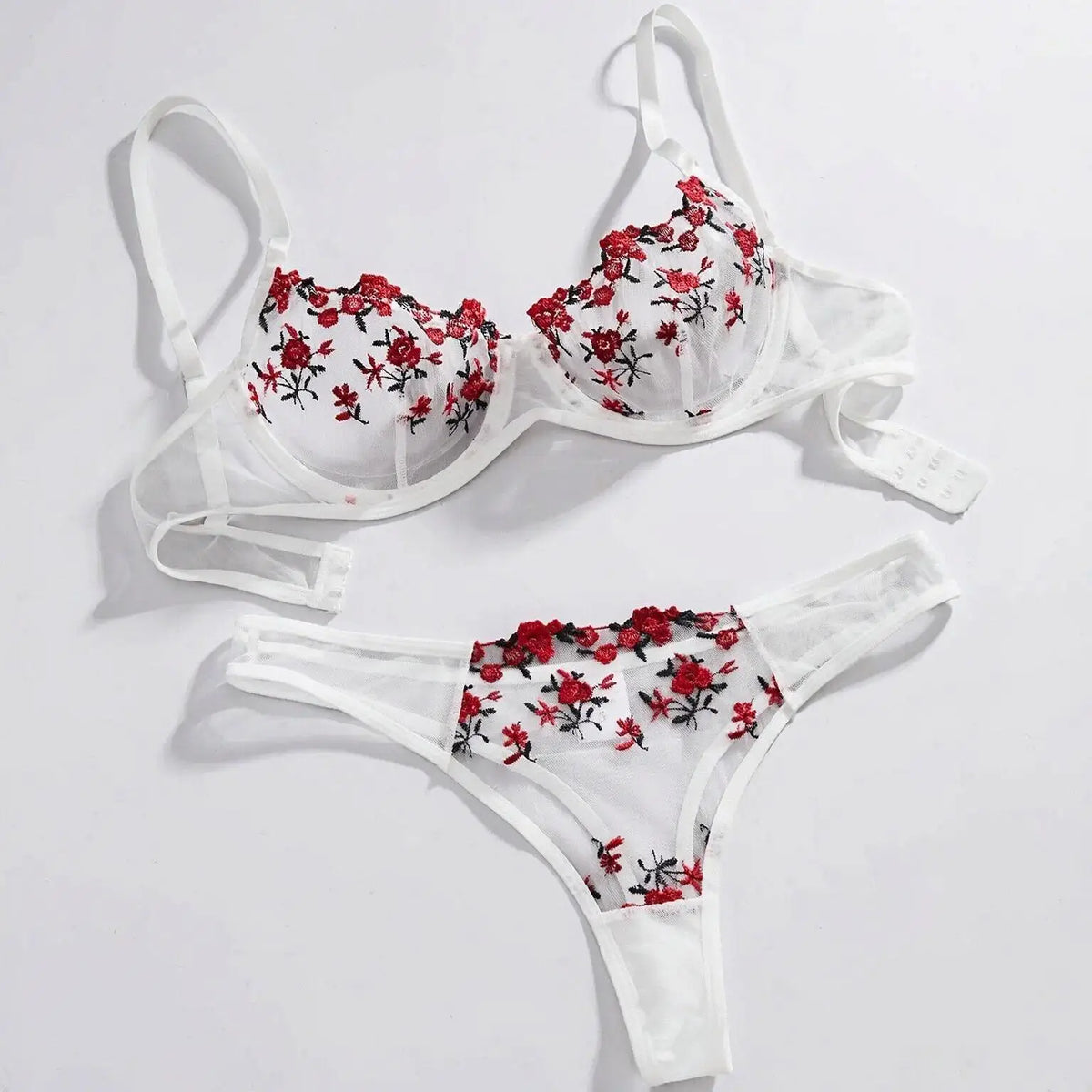 White And Red Floral Embroidery Bra Set Women's Half Cup Underwear Thin Breathable Thong 2-Piece Set Valentine's Day Gift