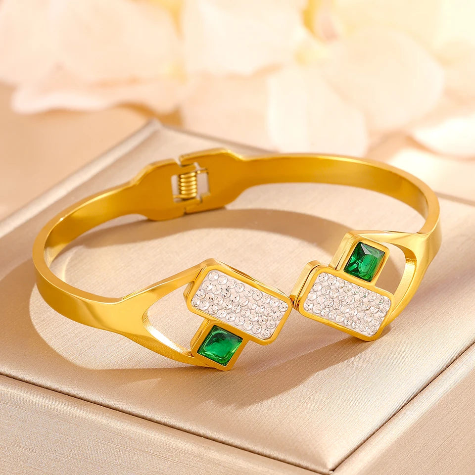 ZAKOL 4/1pcs Geometric Green Square Zircon Inlaid Stainless Steel Copper Stacking Bracelet Luxury Wedding Party Jewelry Gift