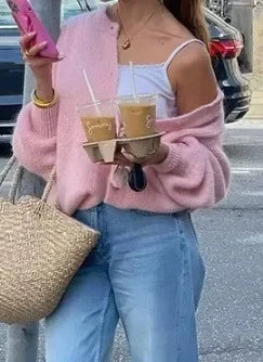 Women Mohair Knit Cardigan O Neck Elegant Lantern Long Sleeve Oversized Loose Fluffy Sweater Coat Autumn Winter Casual Knitwear