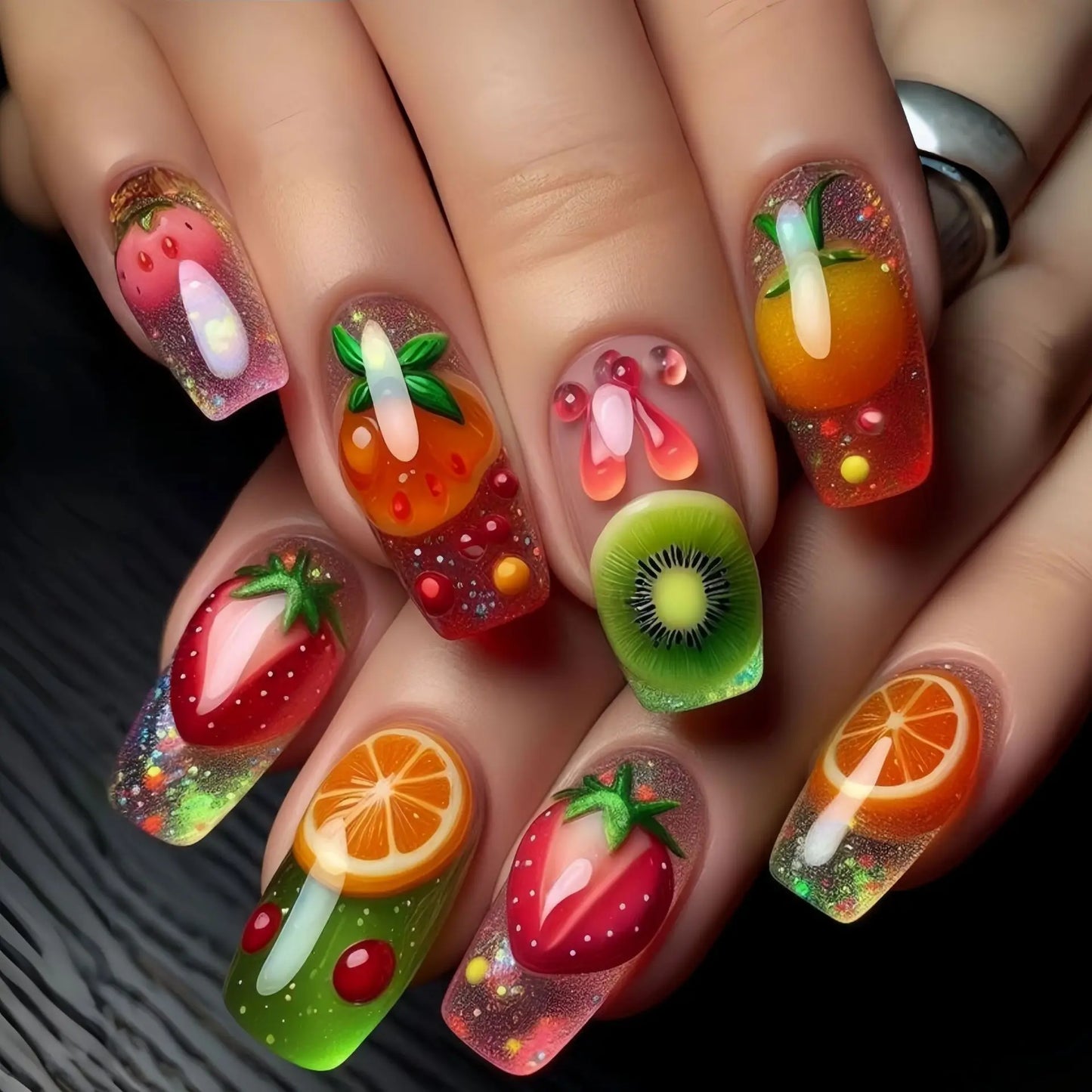 Medium long fake nails for women girls gradient red wine glass colorful fruit full cover ballet nail tips press on false nail