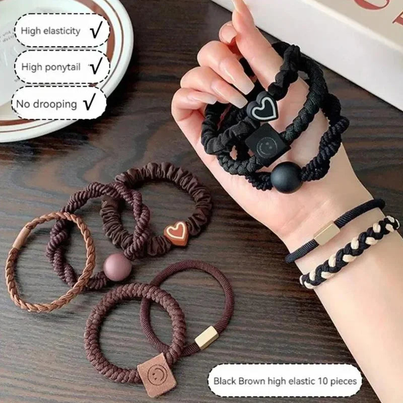 10PCS Women's Hair Ring Set: High Elasticity Leather Band, Simple Temperament, Durable New Style for High Ponytail