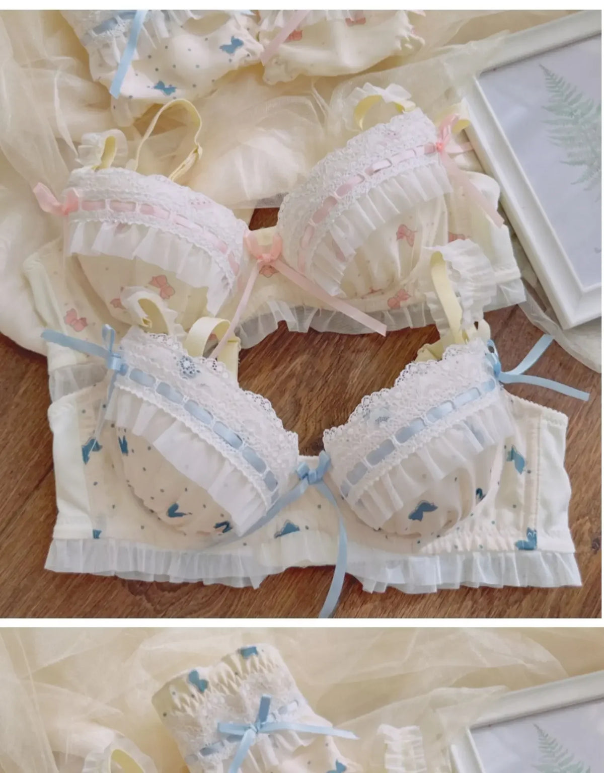 MOYISU Lolita Pure Desire Cute Princess Style Thin Cup Bra Set Printed Cute Bow Bra Comfortable Lace Underwear Goth Underwear