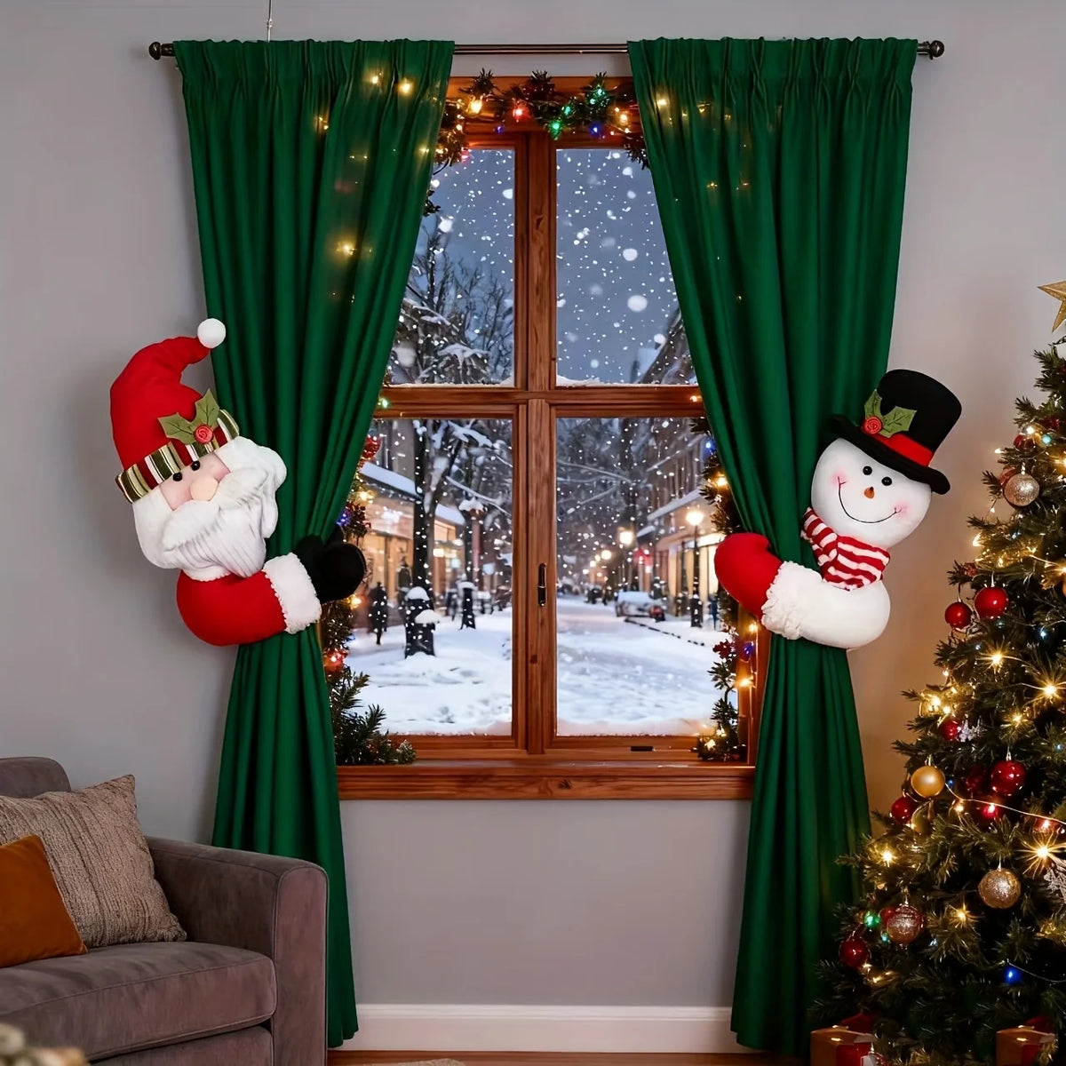 Christmas Curtain Hugger Decorations,Santa Claus & Snowman Curtain Tiebacks,3D Plush Christmas Window Ornaments for Home Holiday