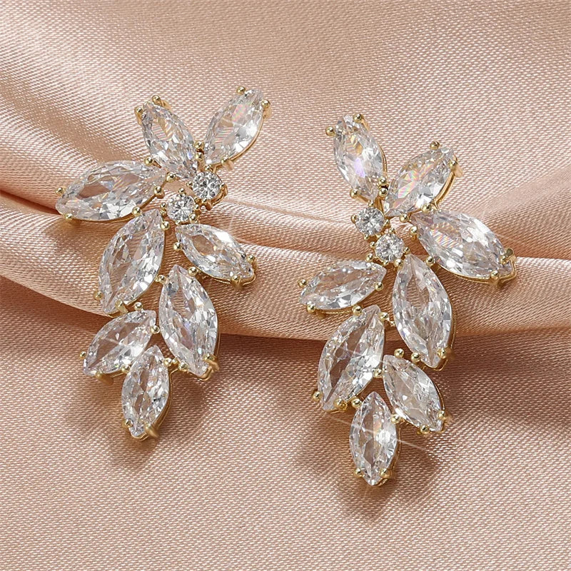 ZAKOL Luxury Leaf Marquise Zircon Bridal Earrings for Women White Shiny Crystal Elegant Wedding Party Jewelry