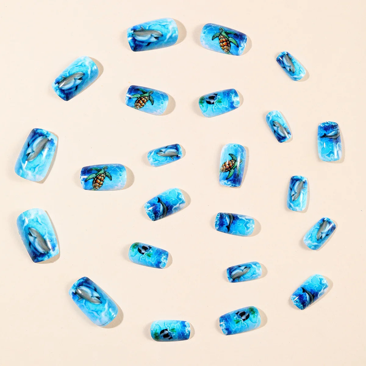 Medium fake nails for women gilrs gradient blue ocean sea tortoise shark design Square ballet nail tips press on false nail art