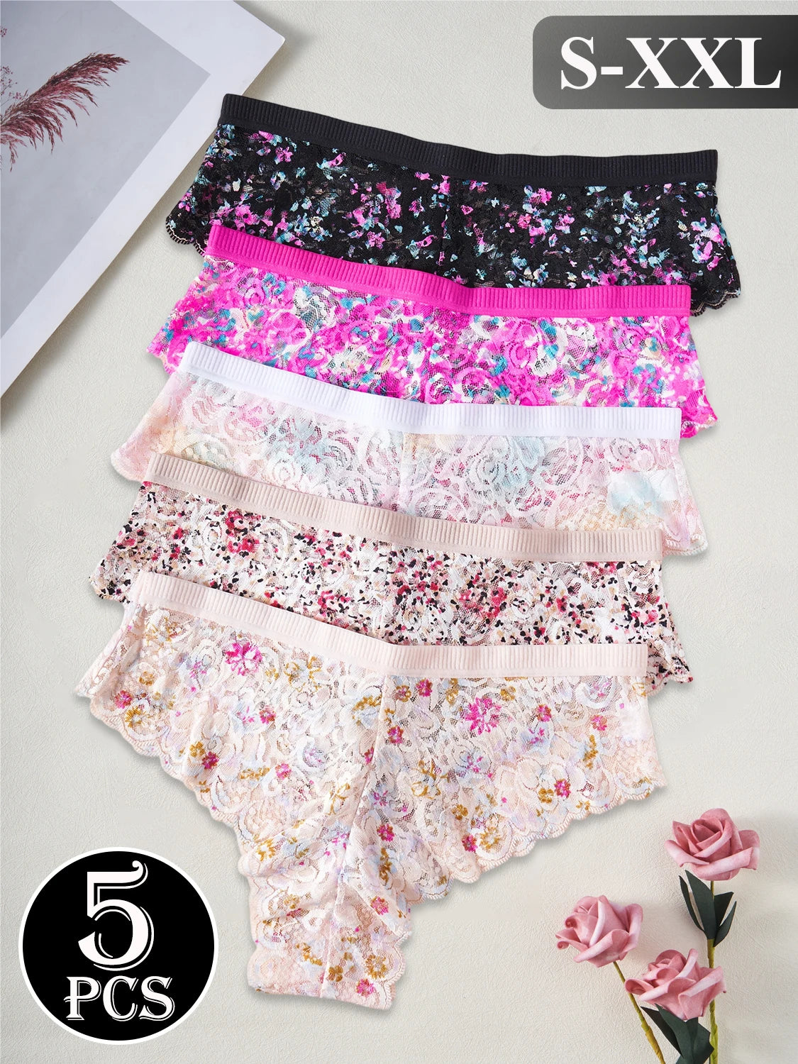 5PCS New Women Underpants Hollow Out Lace Colored Printed Sexy Panties High Quality Comfortable Briefs Fashion Female Lingerie