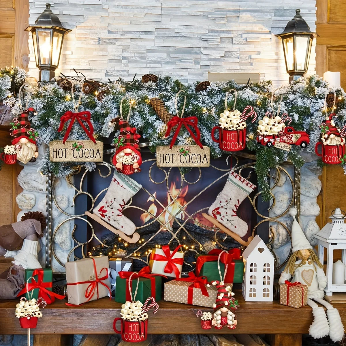 16/24/32pcs Wooden Hanging Ornaments Set with Hemp Rope - Red Ice Cream Truck & Hot Cocoa Themed Christmas Tree Decorations