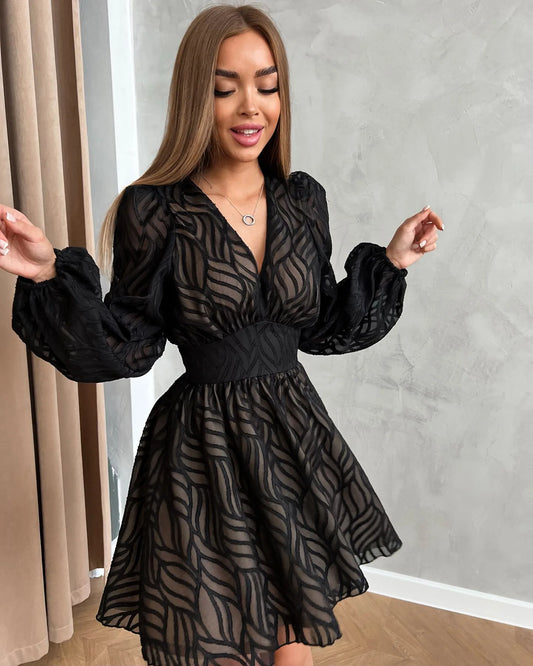 BKLD 2026 Autumn Women's Fashion Hollow Out Jacquard Lantern Sleeve A-Line Dress Party Clubwear Waist Cinch Short Dresses
