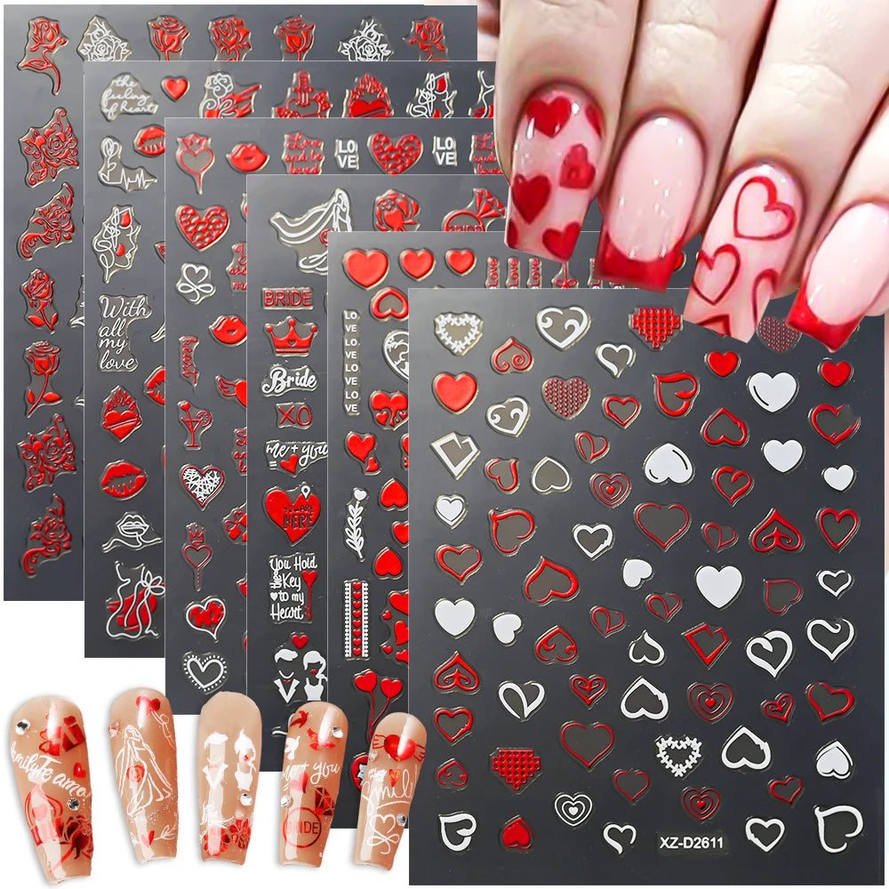 1Pc 3D Red Love Heart Nail Art Stickers Rose Flower Lip Self Adhesive Decals Valentine' Day Nail Sliders For Manicure Decoration