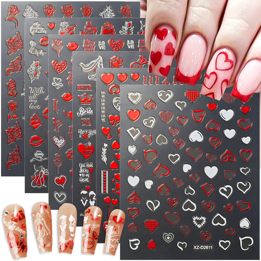 1Pc 3D Red Love Heart Nail Art Stickers Rose Flower Lip Self Adhesive Decals Valentine' Day Nail Sliders For Manicure Decoration