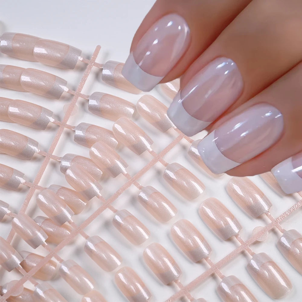 120Pcs French Pearlescent Short Square False Nails Acrylic Full Cover Artificial Press On Nails Glossy Fake Nails Extension