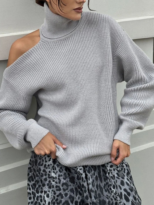 Women New Turtleneck Cutout Shoulder Pullover Long Sleeve Ribbed Knit Trendy Loose Fit Sweater Autumn Winter Fashion Streetwear