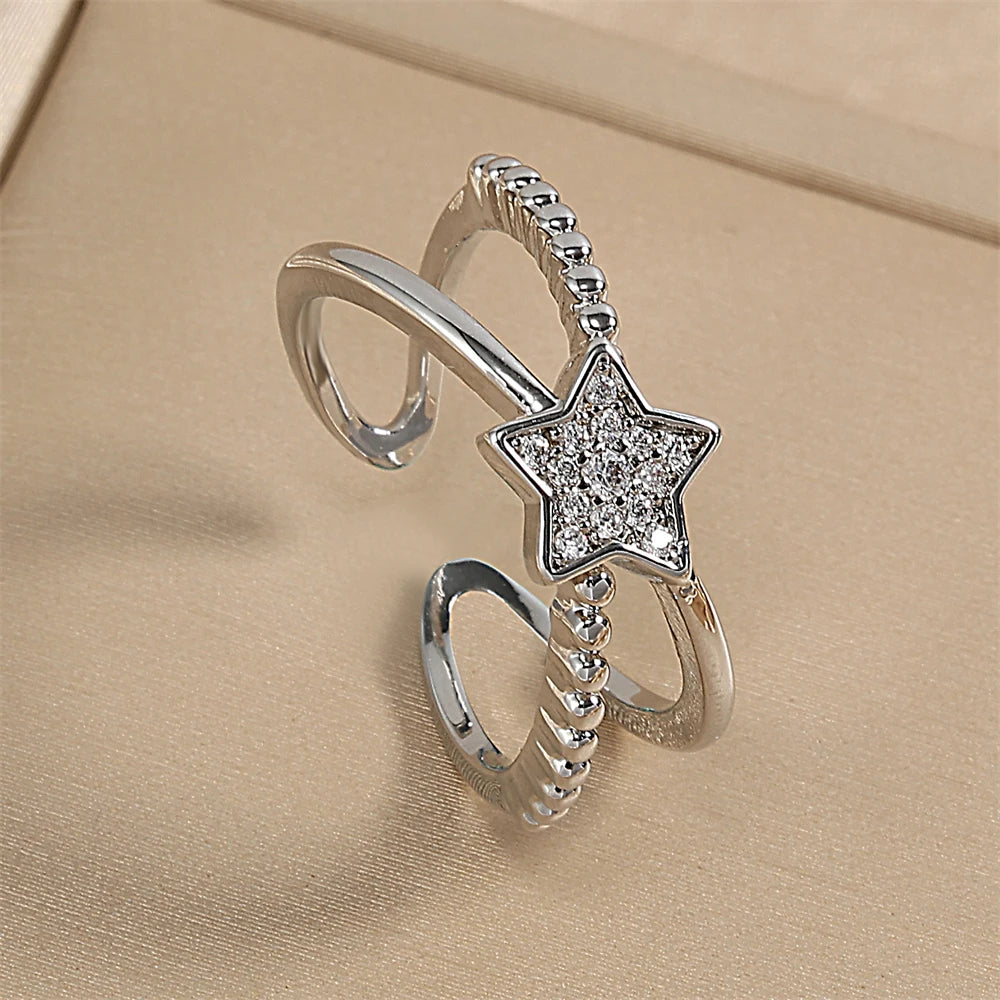 ZAKOL Fashion Double Layers Zircon Rings for Women Gold Color Plated Open Stainless Steel Ring Aesthetic Party Wedding Jewelry