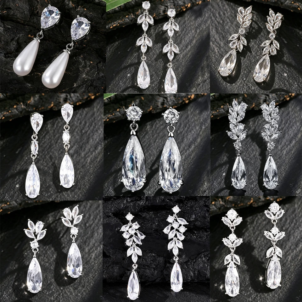 ZAKOL 9 Types Long Teardrop Shaped Cubic Zirconia Dangle Earrings for Women Gorgeous Sparkling CZ Bridal Earrings Jewelry Gifts