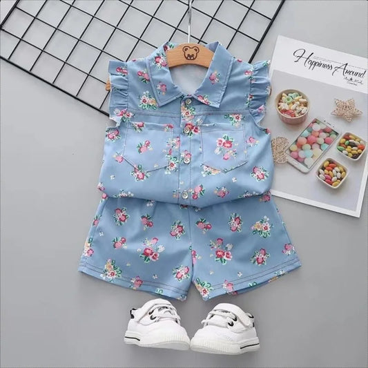 Girls Cute Full Print T-shirt And Shorts 2PC Set Casual Infant Baby Kids