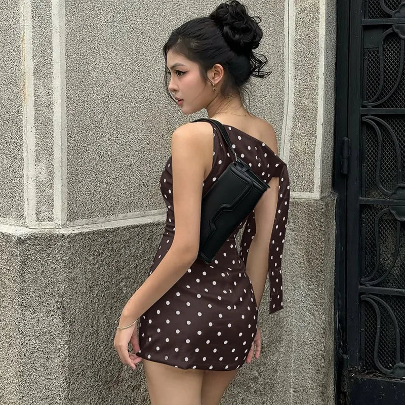 Summer Holiday Sexy Polka Dot Backless Asymmetrical Mini Dresses Strapless Lace-up Sleeveless Slim Fit Dress Vintage Party Dress