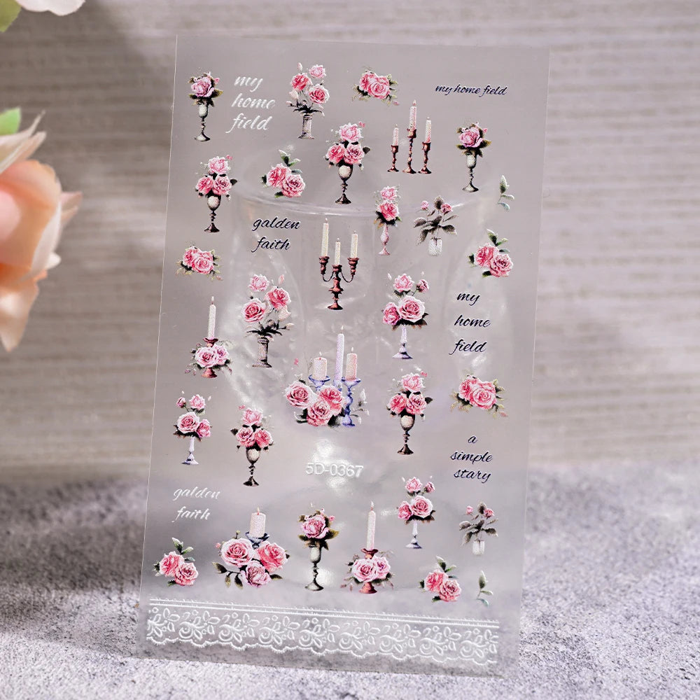 1Pc 5D Embossed Lavender Flower Nail Sticker Spring Floral Leaves Self-Adhesive Sliders Rose Heart Decals Manicure Decoration