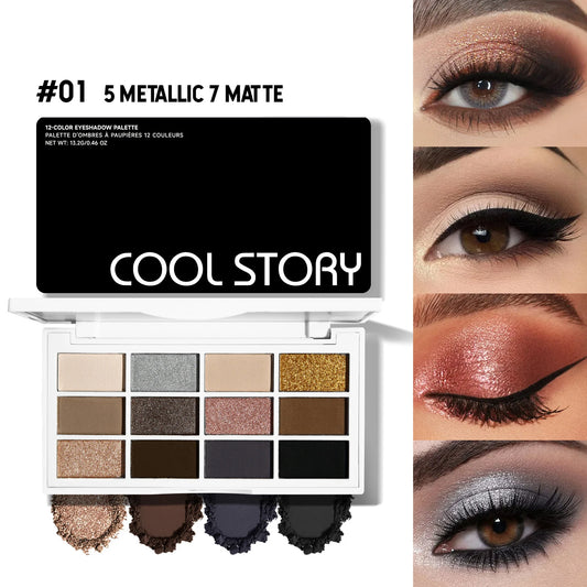 12-color eyeshadow palette, coffee brown & nude metallic tones, matte glitter & metallic finish, smoky makeup, party & stage
