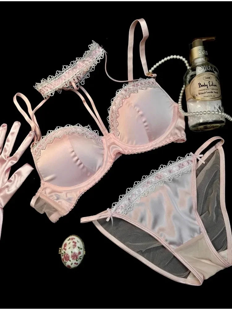 MOYISU Method Pearl Powder Bra Set Lace Halter Neck Design for Small Breasts Big Thick Cup Pure Desire Sexy Underwear for Women