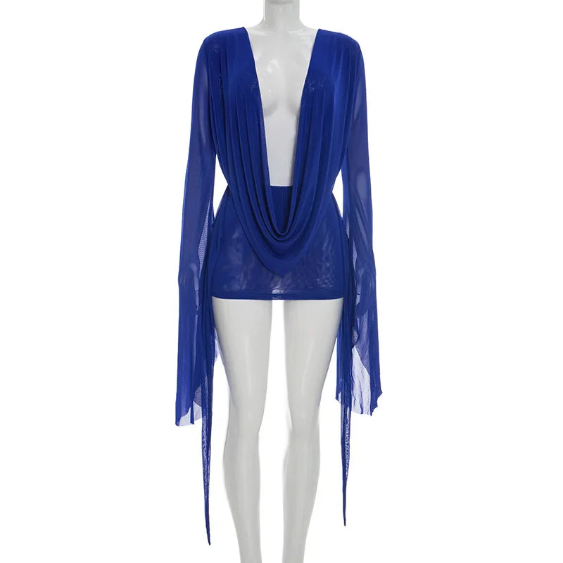 BKLD Solid Color 2026 New Women's Clothing Mesh Swinging Collar Long Sleeve Open Back A-line Short Dresses Party Clubwear