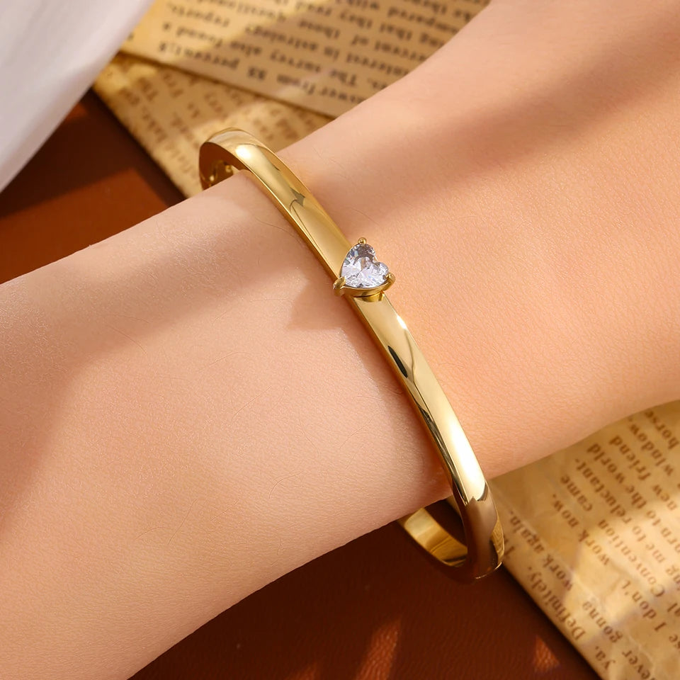 ZAKOL 4/1pcs Fashion Stainless Steel Sackable Bracelets Shiny Heart-shaped Zircon Embellished Bracelet Bangles Charm Jewelry Gif