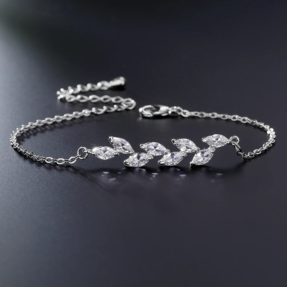 ZAKOL Exquisite Leaf Cubic Zirconia Charm Chain & Link Bracelets for Women Girls Three Colors Bridal Wedding Jewelry