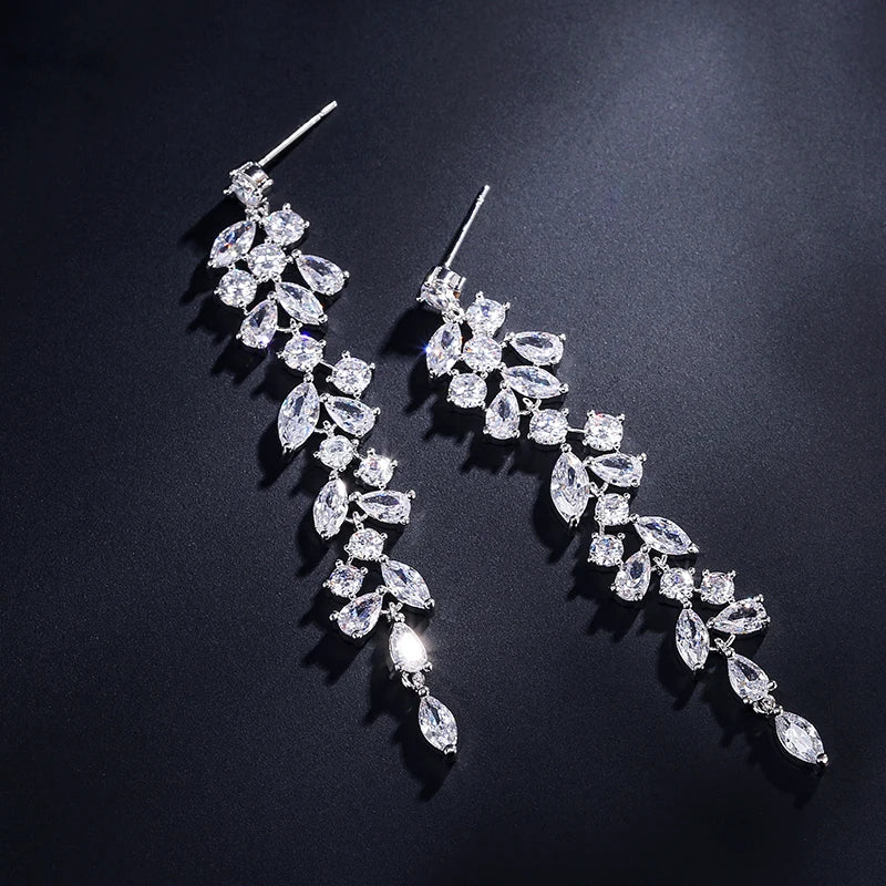 ZAKOL Fashion Cubic Zirconia Leaf Long Dangle Earrings for Elegant Women White Leaves Drop Earring Bridal Wedding Jewelry