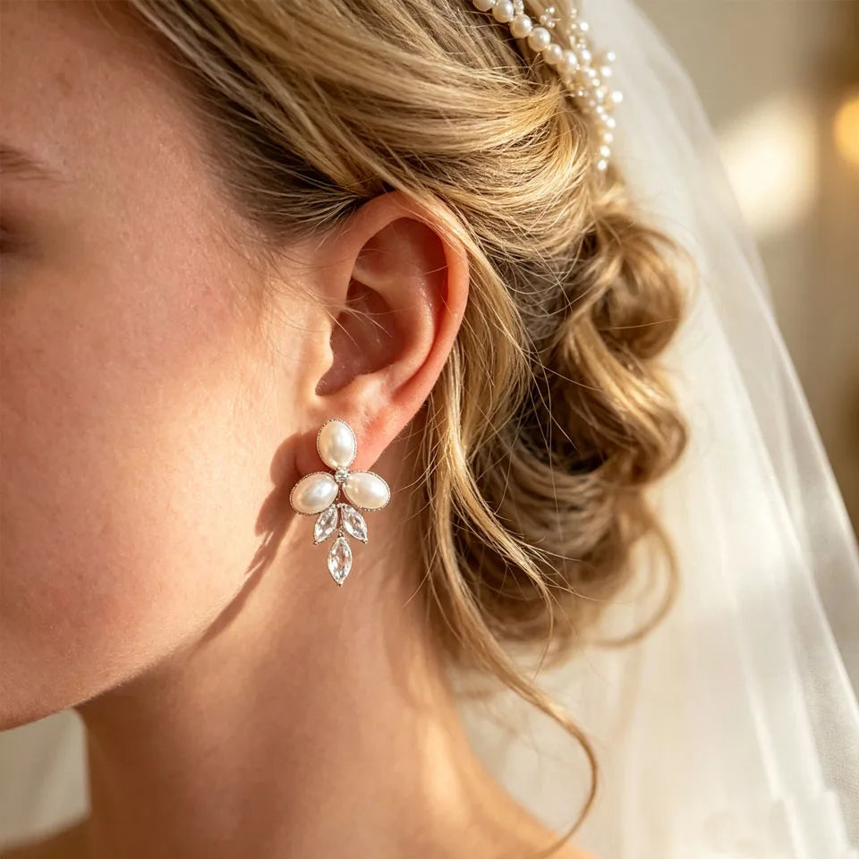 ZAKOL Marquise Oval Imitation Pearl Leaf Stud Earrings for Women Shiny Gorgeous Bridal Wedding Jewelry