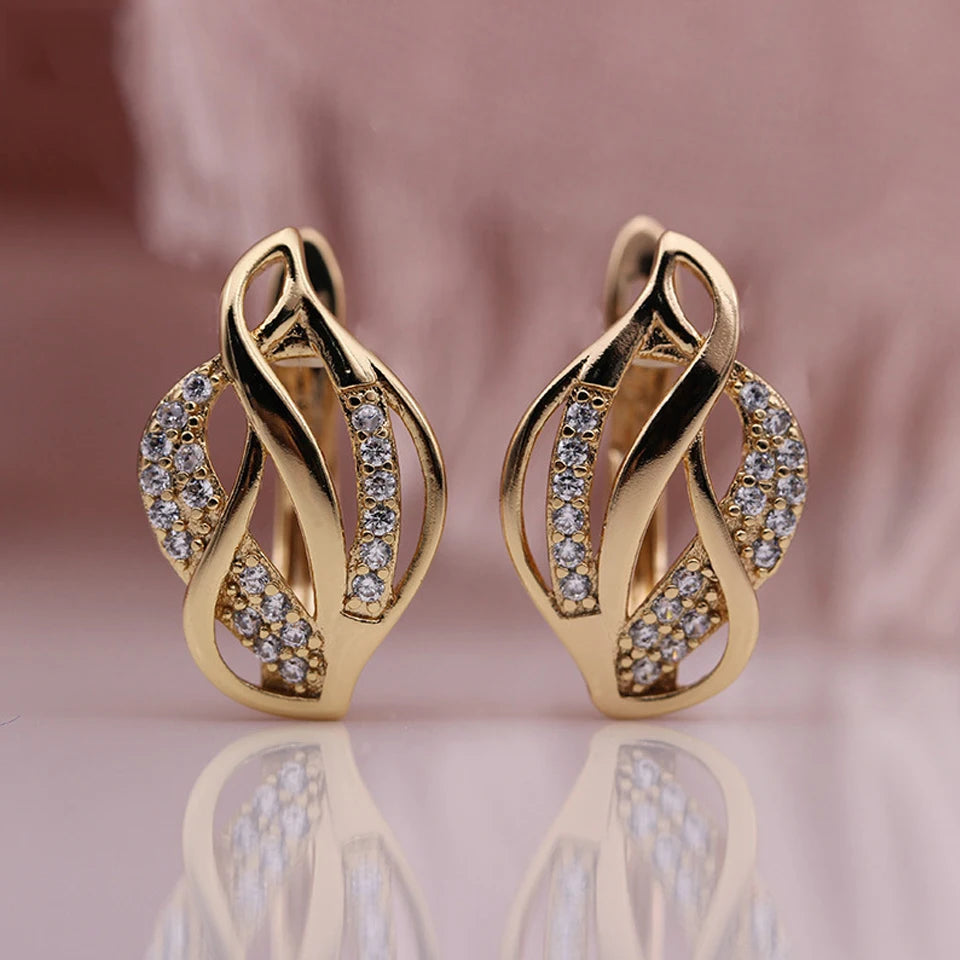 Simple Leaf Shape Hollow Stud Earring For Women AAA Zircon Gold Color Plated Ear Accessories Jewelry Gift